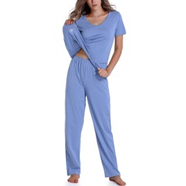 Chamllymers Women's Comfortable V-Neck Sleepwear Soft Cotton Short Sleeve Pajama Set Light Blue M