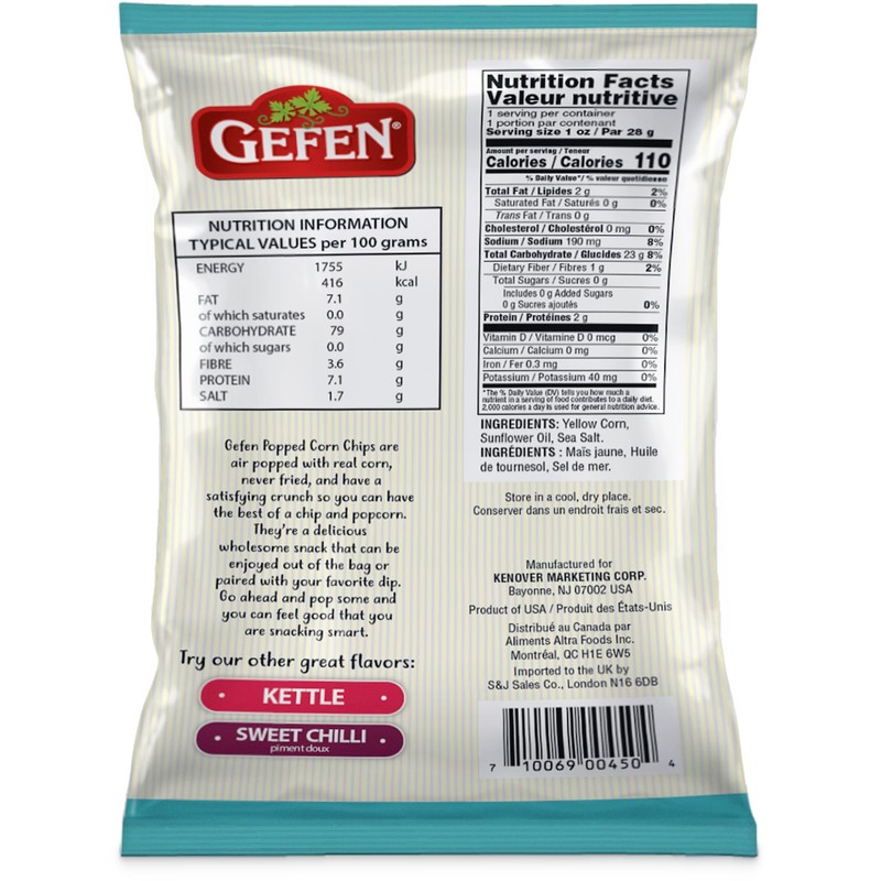 Gefen Popped Corn Chips with Sea Salt, 1oz (8 Pack)