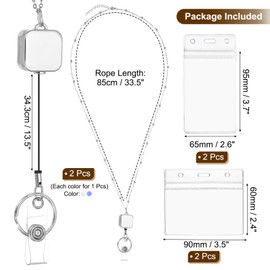 PATIKIL Badge Necklace Lanyard with ID Holder,2Pcs 304 Stainless Steel Retractable Square Badge Reel Lanyard Clip Chain with 2 Set ID Holder for Woman Office ID Card Key,Rainbow Color