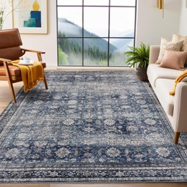 GarveeHome Area Rugs 4x6 Vintage Printed Floor Carpet with Non-Slip Backing, Stain-Resistant Oriental Throw Rugs, Washable Farmhouse Low Pile Rugs for Living Room, Bedroom, Office, Blue