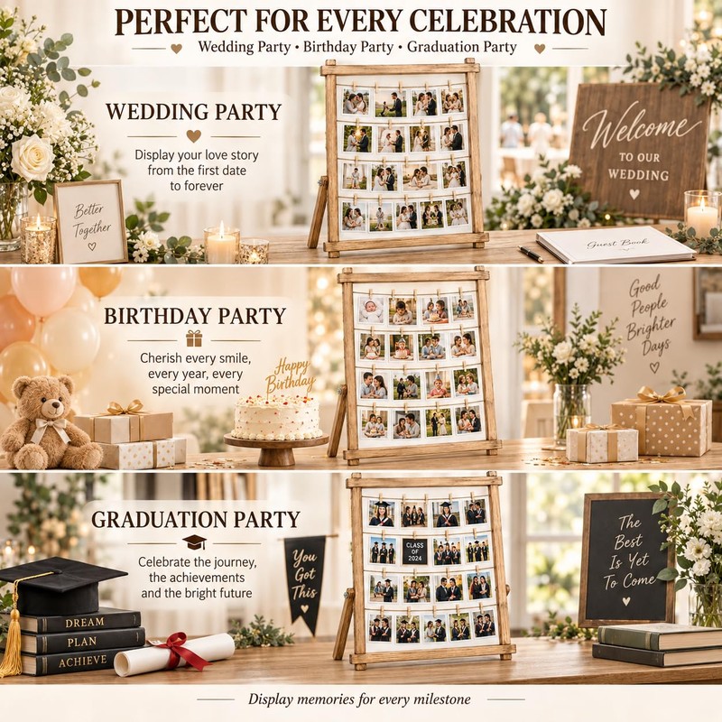 Wooden Photo Display Board with 30 Clips, 25 x 33
