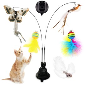 Interactive Cat Toy Intelligence Cat Toy Cat Fishing Stable with Feathers Simucatstick Kitten Wand Toy Flying Bird Cat Toys with Suction Cup for Small Large Cats (C)