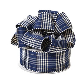 Navy Blue with White and Gold Stripes Plaid Wired Ribbon - 1 1/2in. x 25 Yards - 1 Spool