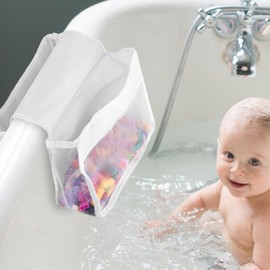 LOLYSIC Bath Toy Storage, Bath Toy Hanging Organiser Bag, 2 Compartments Bath Toy Mesh Bag, Bath Toy Mesh for Storage and Sorting of Toys (White)