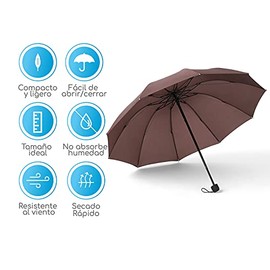 Canotagio Paraguas plegable de bolsillo. Paraguas de viaje compacto para lluvia y Sol UV con funda. Sombrilla para lluvia con secado rápido y de amplia cobertura con 100 cm de Diámetro. Umbrella (Café)