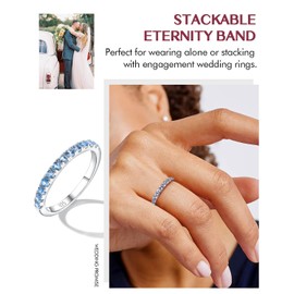 DAYBYDAY Aquamarine Eternity Band Rings for Women Stackable Wedding Sterling Silver March Birthstone Rings Blue Anniversary Band Size 8