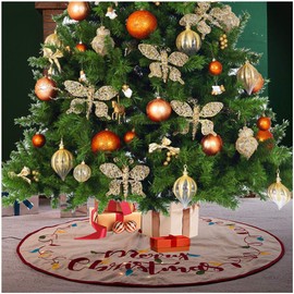 Glitzhome Christmas Tree Skirt 48" LED Embroidered Linen Merry Christmas for Xmas Holiday Decorations Indoor Outdoor Tree Ornaments