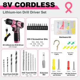 WORKPRO Pink Power Drill - 8V Cordless Drill Kit with 53pcs Bit Set, 2.0Ah Battery, 3/8" Chuck and Variable Speed Trigger