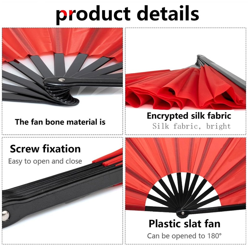 Large Folding Hand Fan, Black, Silk Fabric, 13 Inches
