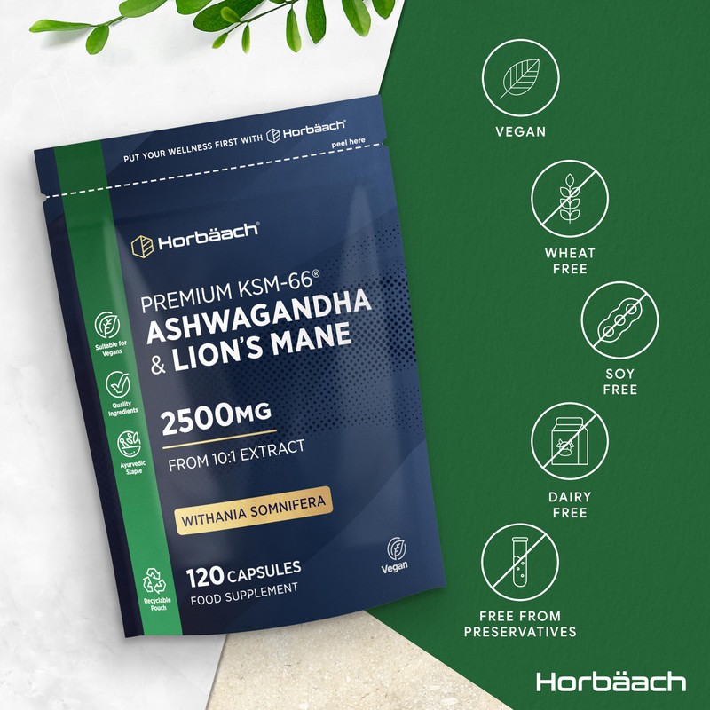 Ashwagandha KSM-66 and Lion's Mane 2500mg Capsules | KSM-66 Ashwagandha