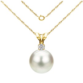 White Cultured Freshwater Pearl Diamond Pendant Necklace 14K Yellow Gold 1/33 CTTW 7-7.5mm 18 inch