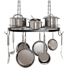 TICKCACY 24.4” Metal Pot Rack Hanging, Oval Pan Rack Hanging with Hooks, Heavy Duty Ceiling Pot Rack with Grid, Pot and Pan Hangers for Kitchen Cookware Utensils Toiletries, Easy Assembly, Black