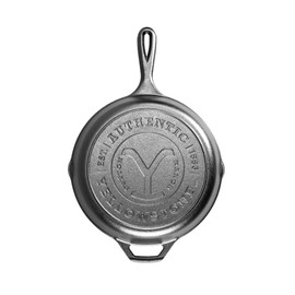 Lodge Pre-Seasoned Yellowstone Stamped Cast Iron Cookware - Signature Teardrop Handle - Use in the Oven, on the Stove, on the Grill, or Over a Campfire - 10.25 Inch Logo Skillet