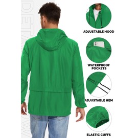 Zando Mens Rain Jackets Waterproof with Hood Lightweight Rain Jacket Men Waterproof Windbreaker Jackets Men Raincoat Packable Windbreaker Adjustable Travel Outdoor Running Cycling Green XL