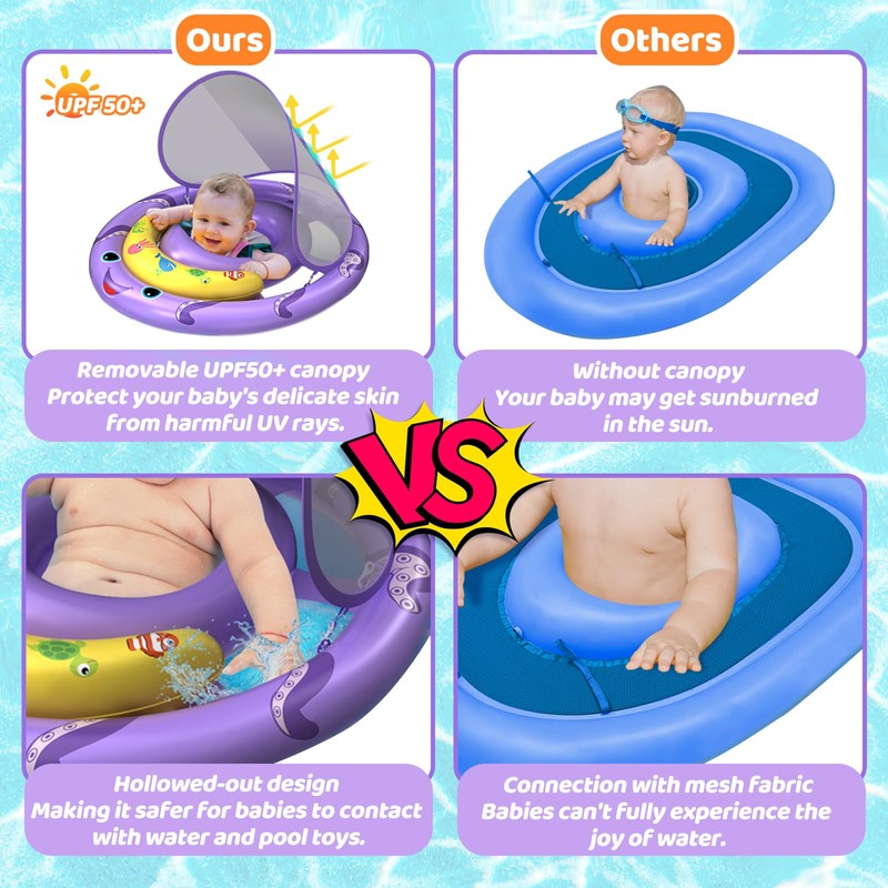 AnbQuik Baby Pool Float with Removable UPF50+ Sun Protection Canopy,