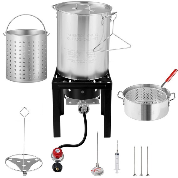 Turkey and Fish Fryer, Seafood Boiler-3 in 1 Cooker Kit-with Propane Burner Stove-30 QT. & 10 QT. Aluminum Pots and Steamer-Ideal for Outdoor Cooking