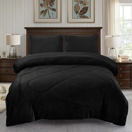 MERRY HOME Sherpa Fleece Blanket, 3 Pieces Fluffy Reversible Plush Borrego Blanket with Pillow Sham, Printed Super Soft Warm (King(79"x91"), Black)