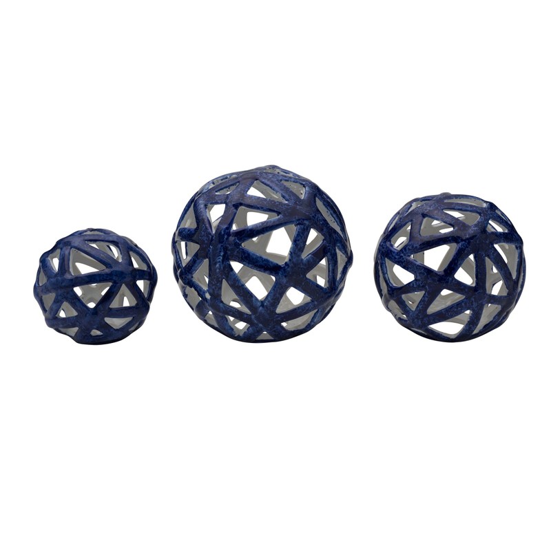 Elements Decorative Ceramic Cutout Spheres, Blue, Set of 3, 4,