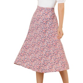 Allegra K Ladies' Skirt A-Line Floral Print Leave Print Elastic Waist Midi Skirts Pink 16