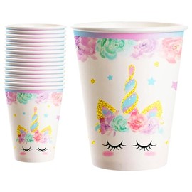 POPOYU 16Pcs Unicorn Party Cups,9oz/250ml Purple Unicorn Paper Cup,Colorful Purple Themed Cups for Kids,Table Decorations for Girls Birthday,Unicorn Party Supplies for 16 Guests