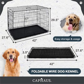 CAPHAUS Dog Crate, Foldable Metal Wire Kennel w/Divider, Leak-Proof Pan, 42x27.6x29.5in, Large Dog Cage, Single & Double Door, Indoor Animal Cage, Portable & Convenient