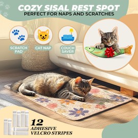 Sisal Cat Scratcher, [+ Catnip Fish Toy], Cat Wall Scratcher, Couch Protector from Cat Scratching, 24 X 15.8 with 12 Adhesive Velcro Stripes. (Floral)