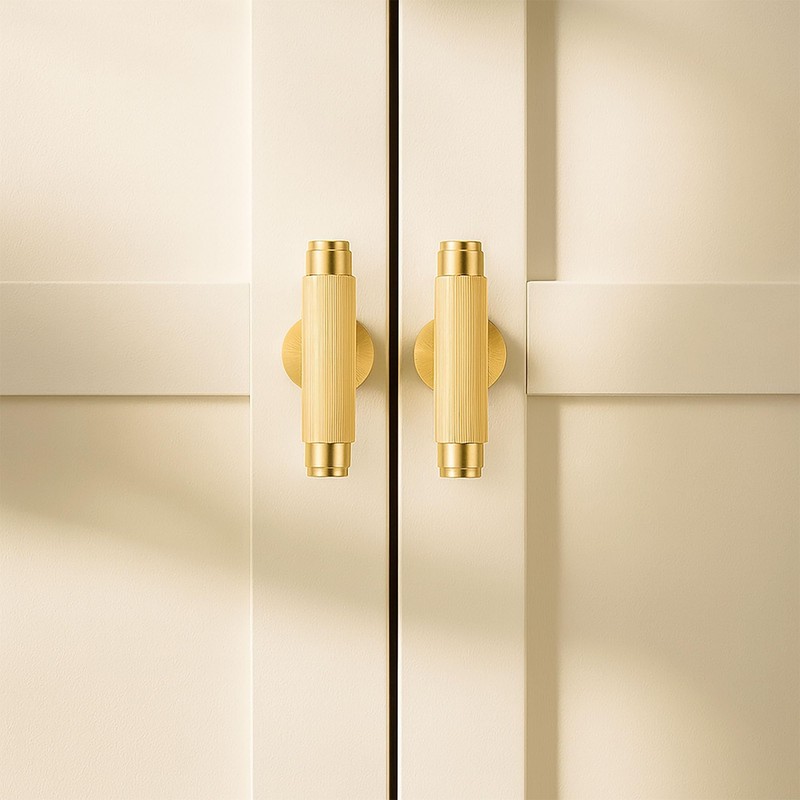 QOGRISUN 5-Pack Solid Brass Cabinet Knobs, Grooved Gold T Bar