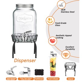 Sun Tea Glass Jar for Outside 2 Gallon Drink Dispenser with18/8 Stainless Steel Spigot and Stand Glass Drink Dispensers for Parties, Juice Jug Beverage Dispensers Jarras Para Lemonade Dispenser