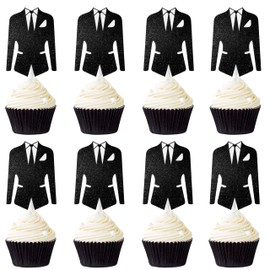 12Pcs Men's Suit Cupcake Toppers Glitter Black Tuxedo Cupcake Toppers Bridal Shower Party Decorations for Bride Groom Engagement Wedding Bridal Shower Party Supplies