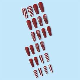 Christmas Press on Nails Medium Length, Artificial Fake Nails with White Snowflake Design, Full Cover Reusable Red Coffin Shaped Glossy False Nails, Square Acrylic Nails, Glue on Nails for Women Set