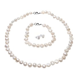 Treasure Bay Womens Pearl Necklace Bracelet Earrings Set 7-8mm Natural Baroque Pearl Gift for Her (White)