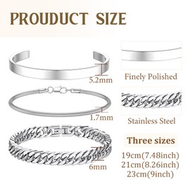 XSDSLS 3 Pcs Bracelet for Men Stainless Steel Bracelet Cuban Link Chain Bracelet Herringbone Bracelet Open Bangle Bracelet Jewellery Valentines Birthday Gifts for Men (Silver, 21cm)