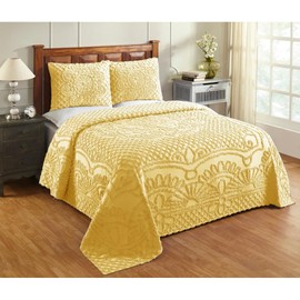 Elegant 100% Cotton 3 Piece Tufted Chenille Bedspread King Size Intricated Texture Fringe Borders | All Seasons Lemon Yellow Western Bedding Aesthetic Look Luxury Coverlet Soft Cozy Plush Feel