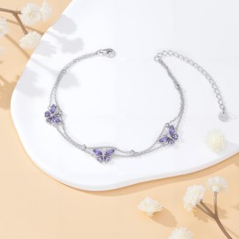 MEIDERBO Butterfly Bracelet for Women 925 Sterling Silver Link Purple Butterfly Double Bracelet Charm Adjustable Jewelry Gifts for Women Girlfriend Her