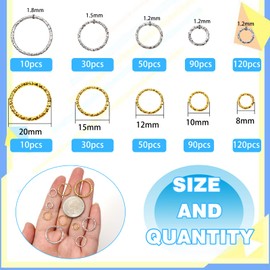 Toaob 600 Pieces Pendant Rings Connectors 8 mm to 20 mm Open Jump Ring Metal Gold and Silver Tone for Jewellery Bracelets Necklace Earring Key Ring DIY Jewellery Crafts