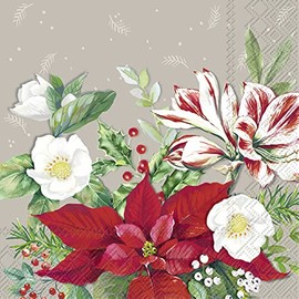 IHR Ideal Home Range Cocktail Napkins Disposable 3-Ply Paper Party Napkin Pack, 5" x 5", Christmas Florals (Grey), 20-Count