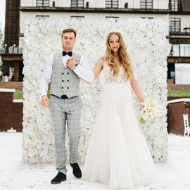 QinmiGarden Flowers Wall Backdrop 9pcs 16.5x16.5 Inch White Silk Rose Artificial Floral Panel Ideal for Wedding Celebrations, Festive Party Backdrops, and Elegant Home Decor