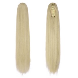 FESHFEN Langer Pferdeschwanz Haarteil - Glatte Aschblond Zopf Extensions mit Klammer Synthetik Haarverlängerung Claw Clip in Ponytail Haare Extension für Damen, 63 cm