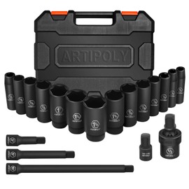 ARTIPOLY Impact Socket Set 1/2’’ Drive SAE,19pcs Deep Impact socket set（3/8’’-1-1/4’’）,14pcs Sockets with 3pcs 1/2’’ Impact Extension Bar, 3/8’’ to 1/2’’ Adapter & 1/2’’ Universal Impact Joint