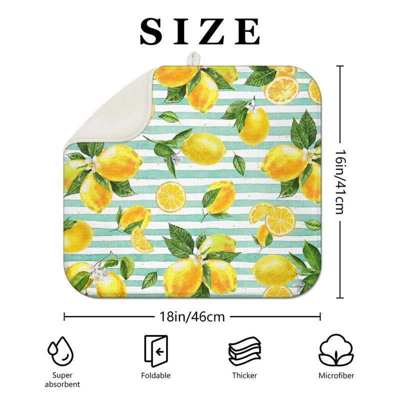 Lemon Dish Drying Mat for Kitchen Counter,Striped Background Yellow Lemon