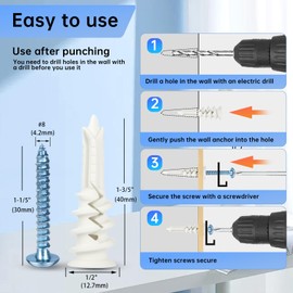 YOJEAR Hollow-Wall Drywall Anchors Kit with Screws, 101PCS #8×1-3/5 Nylon Drywall Anchors and Self Drilling Screws with Bit for Gypsum Board, Sheetrock, No Pre Drill Required, Heavy Duty Holds 75LB.