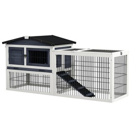 PawHut 59" Rabbit Hutch, Wooden Outdoor Bunny House with Openable Top, Asphalt Roof, Run, No-Leak Tray, Ramp, for Rabbits, Guinea Pig - Dark Gray
