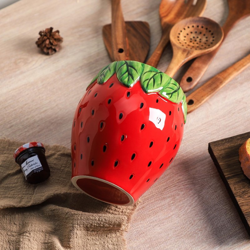Bicuzat Strawberry Shaped Ceramic Kitchen Utensil Holder, Large Cooking Utensil