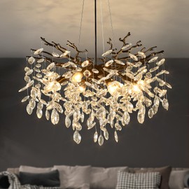 EGM Black 24 Inch Tree Branch Crystal Chandelier, Modern Raindrop Crystal Ceiling Light Fixtures 8-Light(E12), Hanging Round Chandeliers for Dining Room Living Room Bedroom Foyer