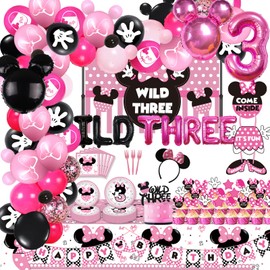 201 Pcs Pink 3rd Birthday Party Decorations, Wild Three Balloons Arch Garland Kit, Girls Third Bday Backdrop, TableCloth, Tableware for Girl's 3th Birtdhay Party Supplies