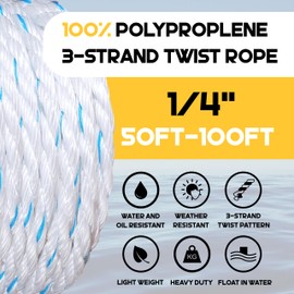 WiseRoot Twisted Polypropylene Rope for Pool: 1/4 Inch 100 Ft Heavy Duty Marine Rope, Waterproof & Floating Boat Dock Line