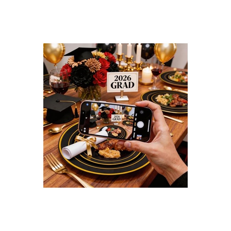 WELLIFE 210PCS Black and Gold Plastic Plates - Plastic Dinnerware