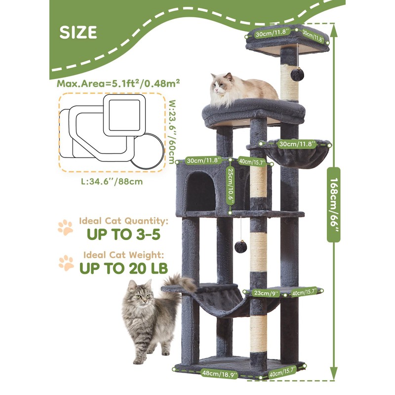 Taoqimiao MS042G Cat Tree,66-inch Large Cat Tower with Scratching Posts,