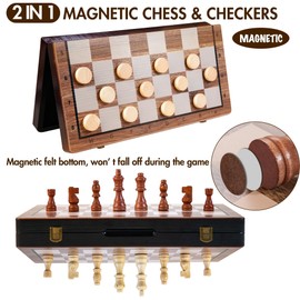 2 in 1 Magnetic Wooden Chess Set & Checkers Board Game, 15’’ Folding Chess Board with Pieces Storage Slots, 2 Extra Queens, Portable Travel Chess Set for Kids Adults Beginner Age 3+