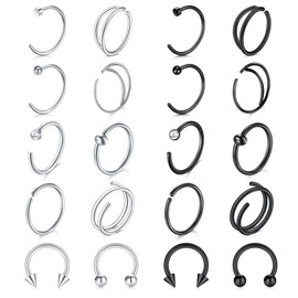 FECTAS 20G Hoop Nose Rings for Women Men C Shape Nose Piercings Jewelry Septum Nose Rings Hoops Nostril Septum Jewelry Cartilage Earrings Silver Black 8mm